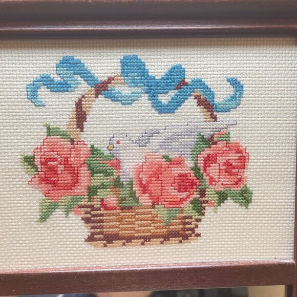 Vintage Wooden Framed Mirror With Handcrafted Cross-Stitch Rose & Dove Design - Picture 3 of 15